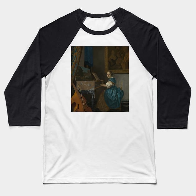 Lady Seated at a Virginal by Jan Vermeer Baseball T-Shirt by Classic Art Stall